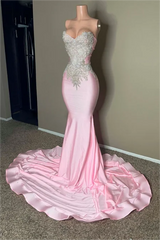 Stunning Pink Sleeveless Strapless Mermaid Long Formal Dress With Embroidery
