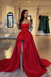 Stunning Red Strapless A-Line Sleeveless Split Front Ball Gown Chapel Train Satin Prom Dresses