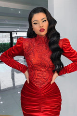 Stunning Red Velvet High Neck Mermaid Prom Evening Dresses Long Sleeves