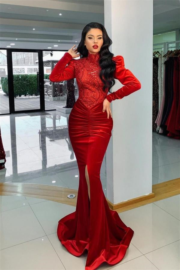 Stunning Red Velvet High Neck Mermaid Prom Evening Dresses Long Sleeves