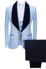 Stunning Sky Blue Shawl Collar Three-Piece Jacquard Groom's Suit