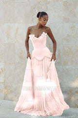 Stunning Strapless Sleeveless Long Formal Dress With Pleated Beading