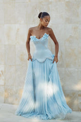 Stunning Strapless Sleeveless Long Formal Dress With Pleated Beading