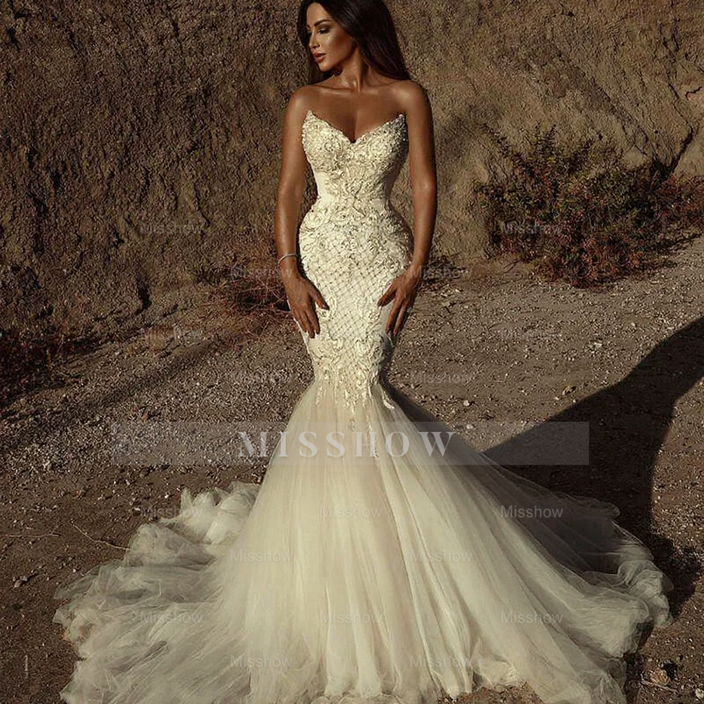 Stunning Sweetheart Beading Mermaid Wedding Gown Sleeveless Tulle Bridal Dress