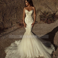 Stunning Sweetheart Beading Mermaid Wedding Gown Sleeveless Tulle Bridal Dress