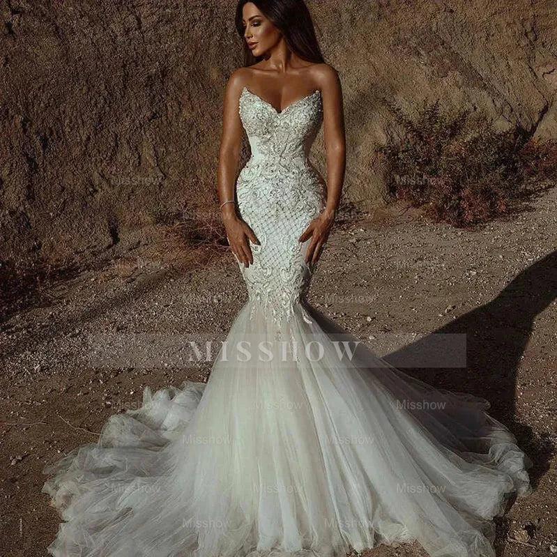 Stunning Sweetheart Beading Mermaid Wedding Gown Sleeveless Tulle Bridal Dress