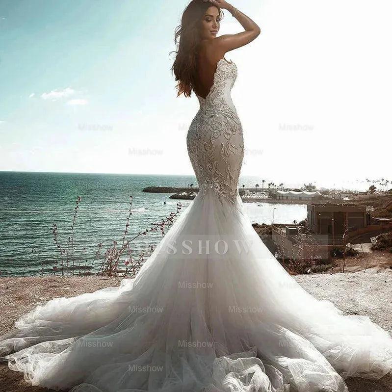 Stunning Sweetheart Beading Mermaid Wedding Gown Sleeveless Tulle Bridal Dress