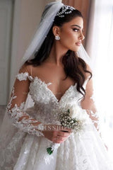 Stunning Sweetheart Floor-Length Long Sleeve Beaded Tulle Ball Gown Wedding Dresses with Appliques