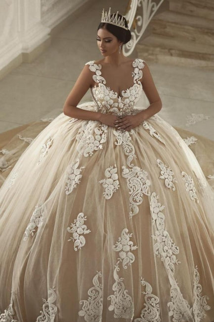 Stunning Sweetheart Spaghetti Sleeveless Ball Gown Embroidery Tulle Wedding Dresses With Appliques
