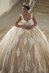 Stunning Sweetheart Spaghetti Sleeveless Ball Gown Embroidery Tulle Wedding Dresses With Appliques