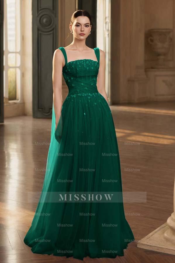 Stunning Tulle Straps Sleeveless Long Formal Dress With Beading