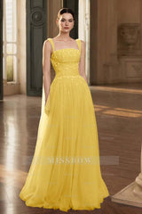 Stunning Tulle Straps Sleeveless Long Formal Dress With Beading