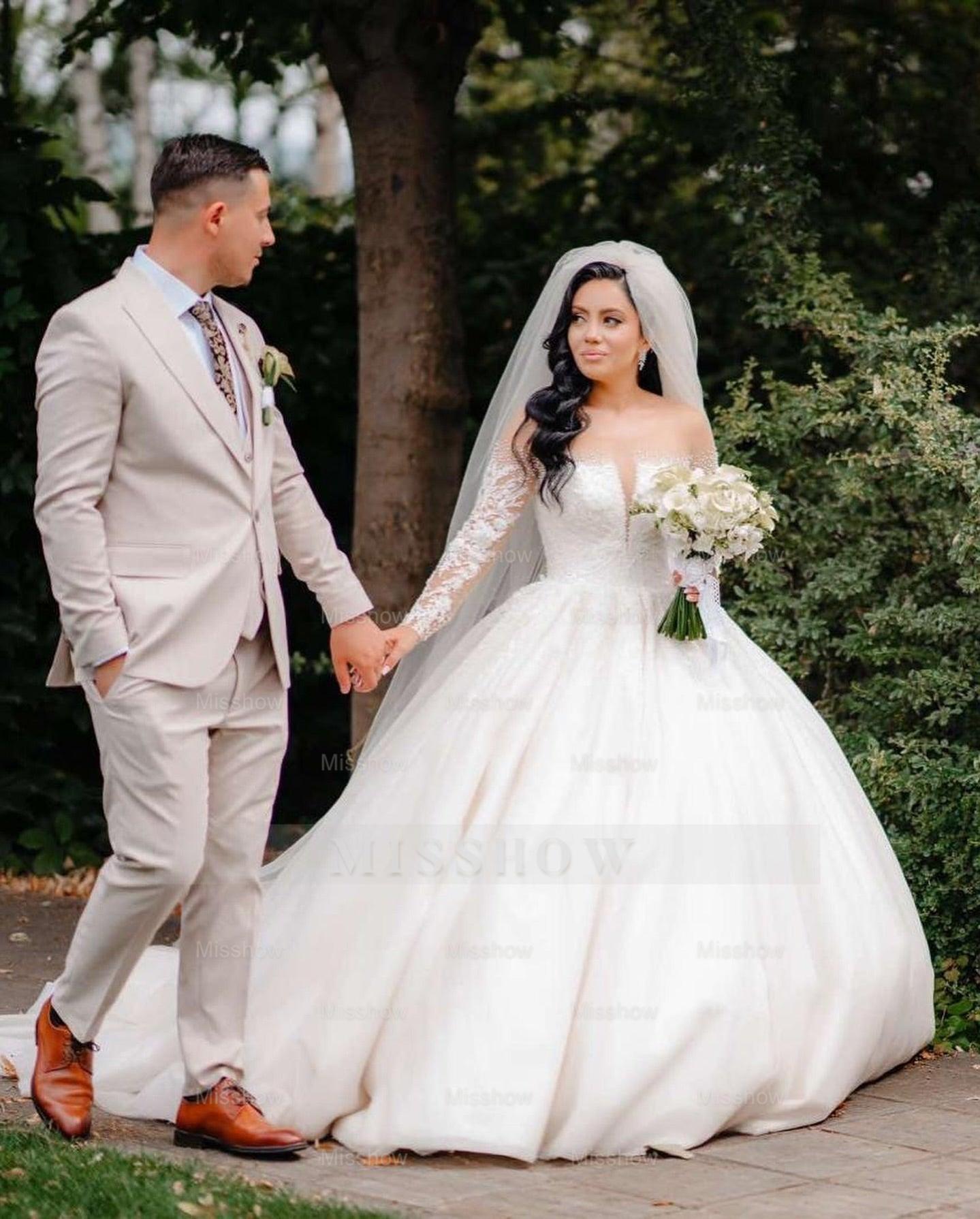 Stunning White Crew Beaded Lace Long Sleeves Ball Gown Long Wedding Dresses With Sequins