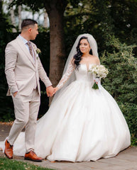 Stunning White Crew Beaded Lace Long Sleeves Ball Gown Long Wedding Dresses With Sequins