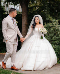 Stunning White Crew Beaded Lace Long Sleeves Ball Gown Long Wedding Dresses With Sequins