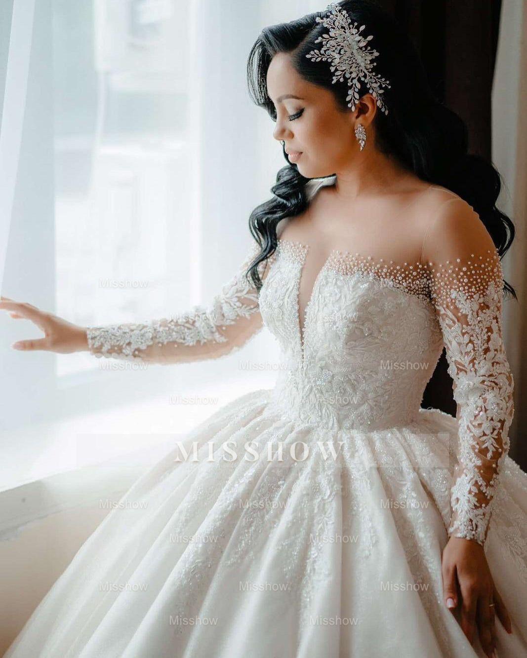 Stunning White Crew Beaded Lace Long Sleeves Ball Gown Long Wedding Dresses With Sequins
