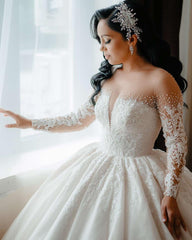 Stunning White Crew Beaded Lace Long Sleeves Ball Gown Long Wedding Dresses With Sequins