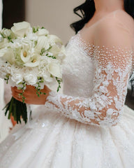 Stunning White Crew Beaded Lace Long Sleeves Ball Gown Long Wedding Dresses With Sequins