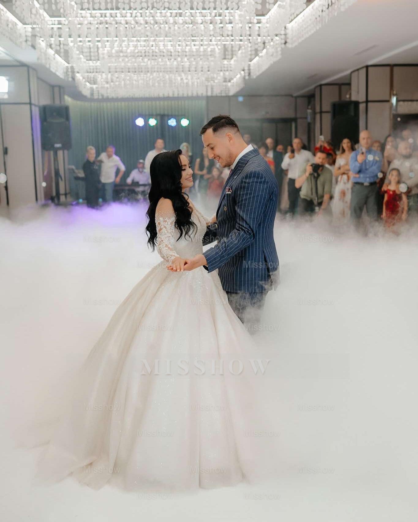 Stunning White Crew Beaded Lace Long Sleeves Ball Gown Long Wedding Dresses With Sequins