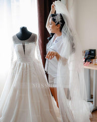 Stunning White Crew Beaded Lace Long Sleeves Ball Gown Long Wedding Dresses With Sequins