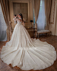 Stunning White High-Neck Ball Gown Beaded Long Sleeves Cathedral Train Lace Wedding Dresses With Appliques