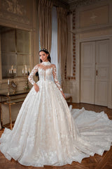 Stunning White High-Neck Ball Gown Beaded Long Sleeves Cathedral Train Lace Wedding Dresses With Appliques