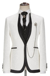 Stunning White Jacquard Shawl Lapel Three-Piece Suit for Weddings