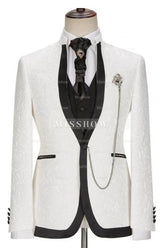 Stunning White Jacquard Shawl Lapel Three-Piece Suit for Weddings