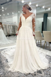 Stunning White Lace A-Line V-Neck Backless Long Sleeves Cathedral Train Chiffon Wedding Dresses