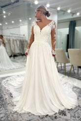 Stunning White Lace A-Line V-Neck Backless Long Sleeves Cathedral Train Chiffon Wedding Dresses