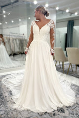 Stunning White Lace A-Line V-Neck Backless Long Sleeves Cathedral Train Chiffon Wedding Dresses