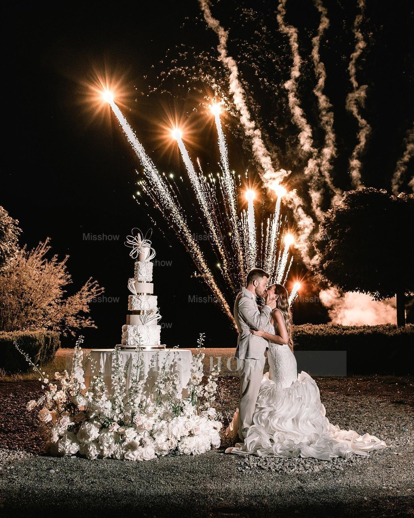 Stunning White Mermaid Spaghetti Straps Sleeveless Beaded Lace Organza Tiered Long Wedding Dress