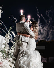 Stunning White Mermaid Spaghetti Straps Sleeveless Beaded Lace Organza Tiered Long Wedding Dress