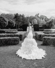 Stunning White Mermaid Spaghetti Straps Sleeveless Beaded Lace Organza Tiered Long Wedding Dress