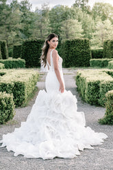 Stunning White Mermaid Spaghetti Straps Sleeveless Beaded Lace Organza Tiered Long Wedding Dress