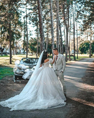 Stunning White Sweetheart Ball Gown Off-The-Shoulder Sleeveless Cathedral Train Ruffles Tulle Wedding Dresses