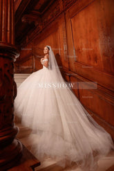 Stunning White Sweetheart Ball Gown Off-The-Shoulder Sleeveless Lace-Up Cathedral Train Tulle Wedding Dresses