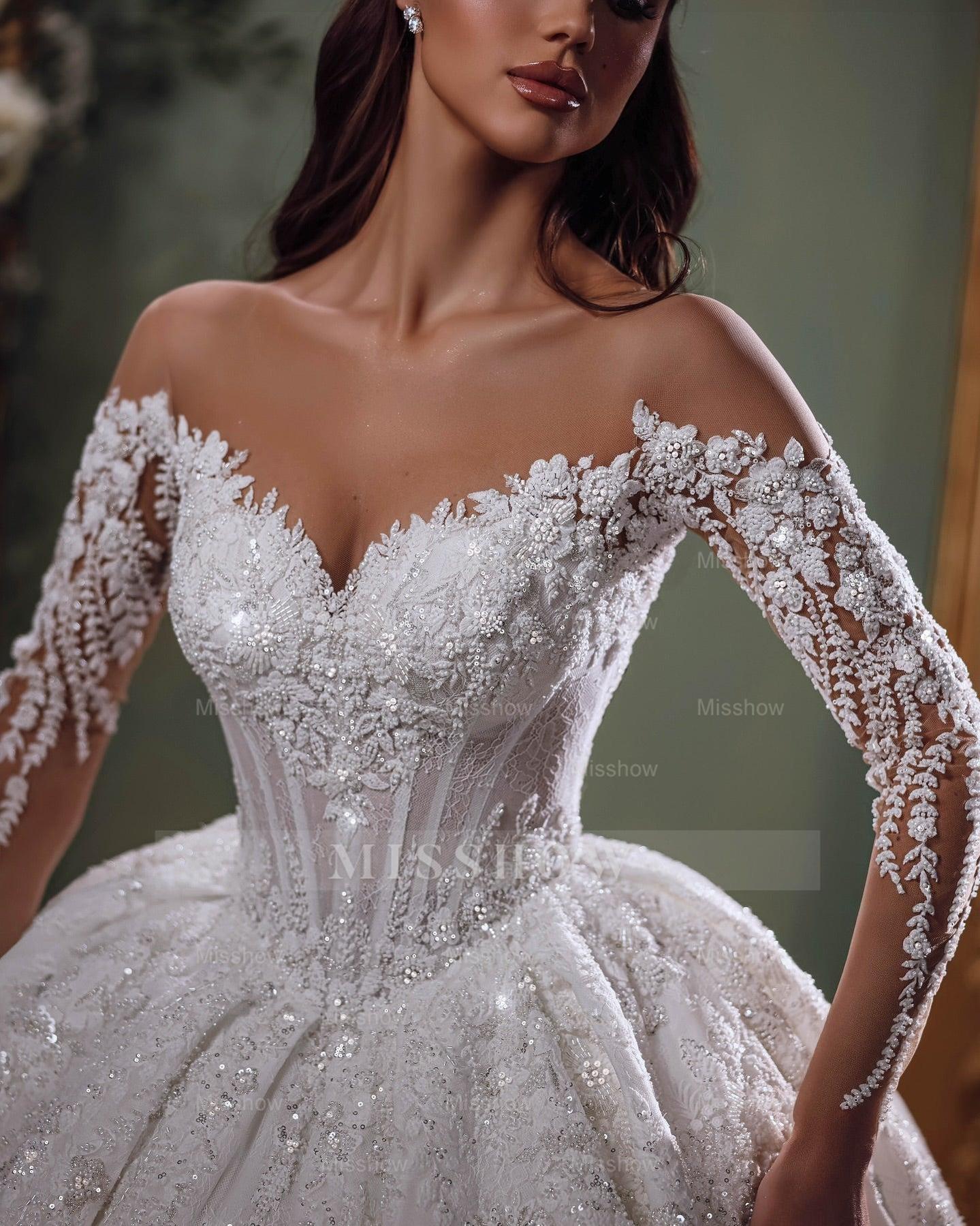 Stunning White Sweetheart Off-The-Shoulder Beaded Sequined Lace Long Sleeves Ball Gown Long Wedding Dresses