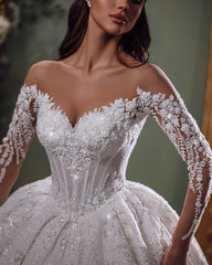 Stunning White Sweetheart Off-The-Shoulder Beaded Sequined Lace Long Sleeves Ball Gown Long Wedding Dresses