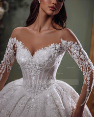 Stunning White Sweetheart Off-The-Shoulder Beaded Sequined Lace Long Sleeves Ball Gown Long Wedding Dresses
