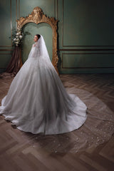 Stunning White Sweetheart Off-The-Shoulder Beaded Sequined Lace Long Sleeves Ball Gown Long Wedding Dresses
