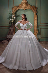 Stunning White Sweetheart Off-The-Shoulder Beaded Sequined Lace Long Sleeves Ball Gown Long Wedding Dresses