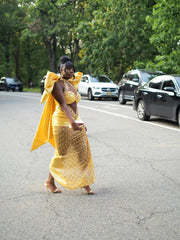 Stunning Yellow High Neck Sleeveless Column Prom Dress with Rhinestones and Bow