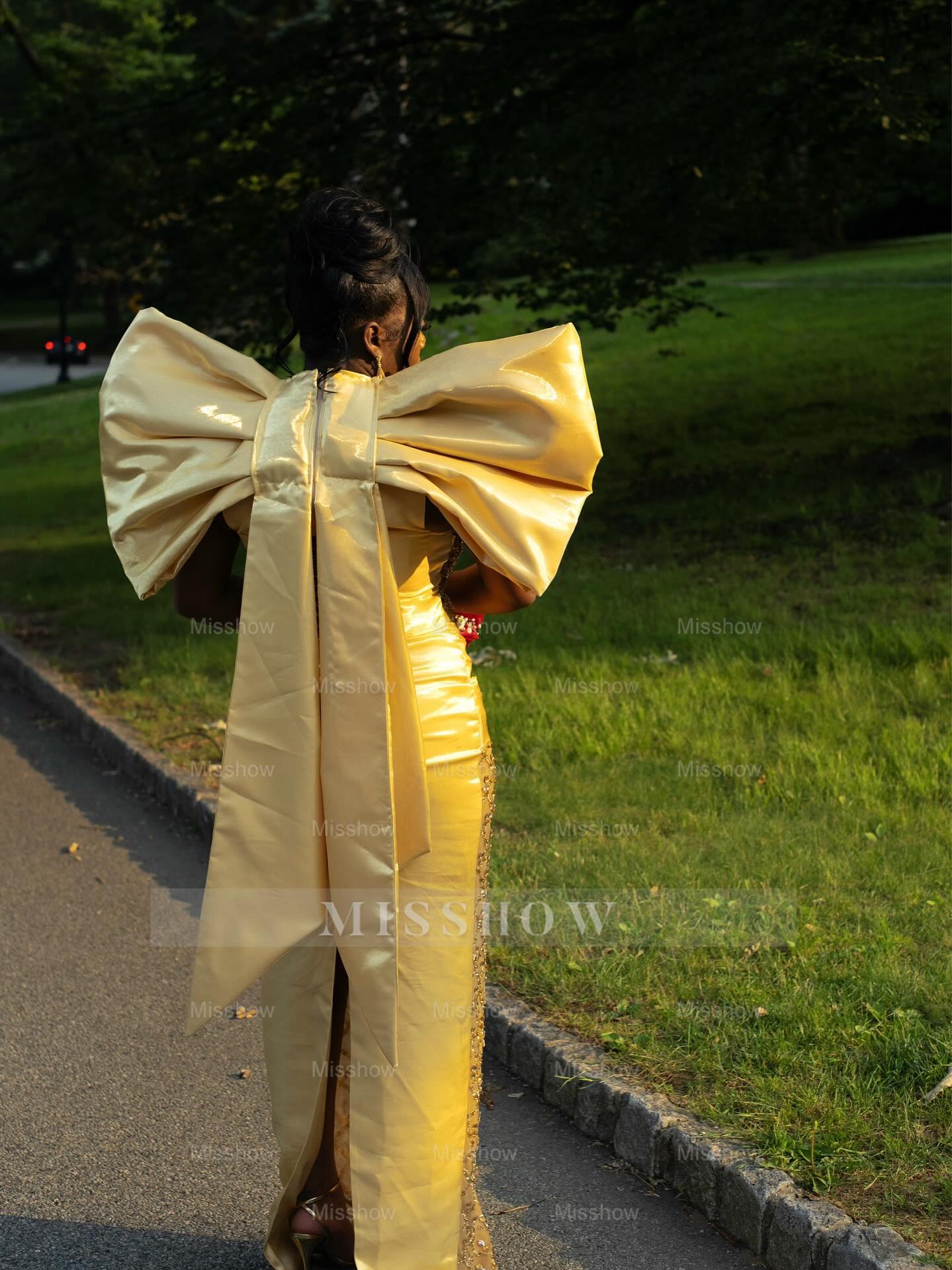 Stunning Yellow High Neck Sleeveless Column Prom Dress with Rhinestones and Bow