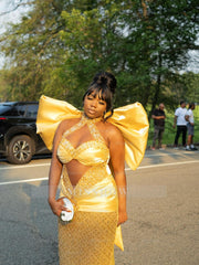 Stunning Yellow High Neck Sleeveless Column Prom Dress with Rhinestones and Bow