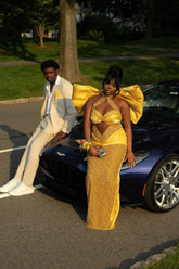 Stunning Yellow High Neck Sleeveless Column Prom Dress with Rhinestones and Bow