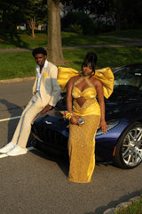 Stunning Yellow High Neck Sleeveless Column Prom Dress with Rhinestones and Bow