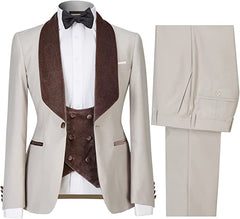 Stylish Beige Shawl Lapel Three-Piece Wedding Suit for Men