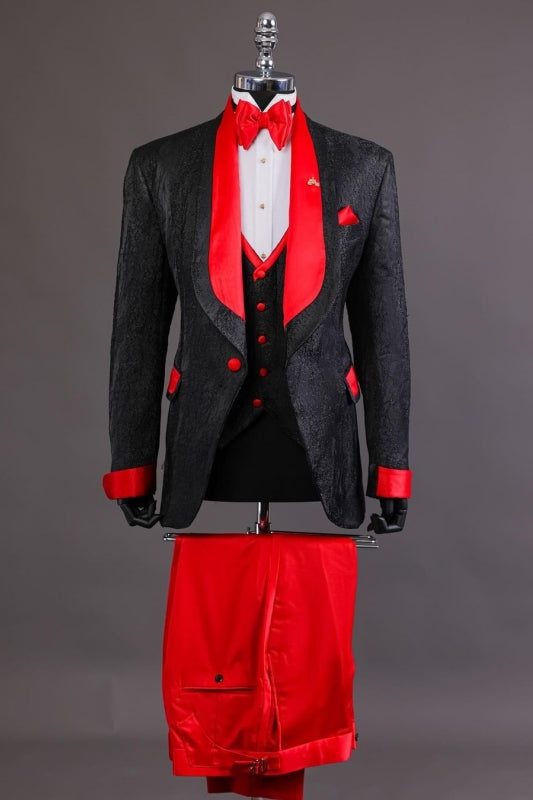 Stylish Black Jacquard Three-Piece Groom's Wedding Attire With Crimson Lapel