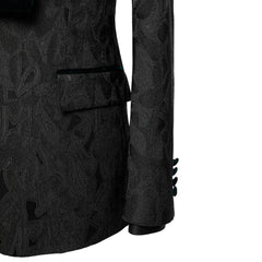 Stylish Black Jacquard Wedding Suit With Dark Green Velvet Shawl Collar